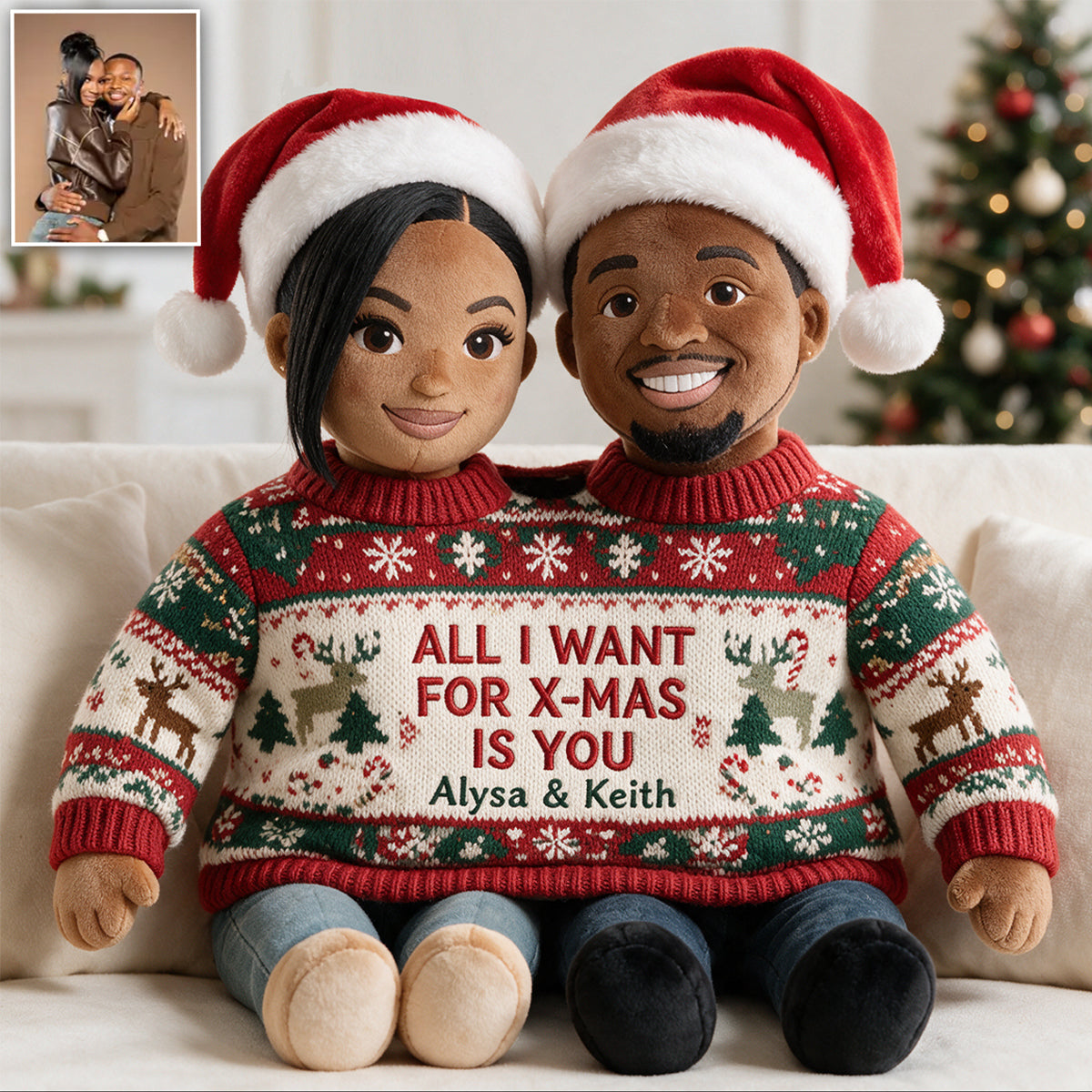 Custom Photo Christmas Black Gay Couple Faux Fur Pillow LGBT Couple Gift