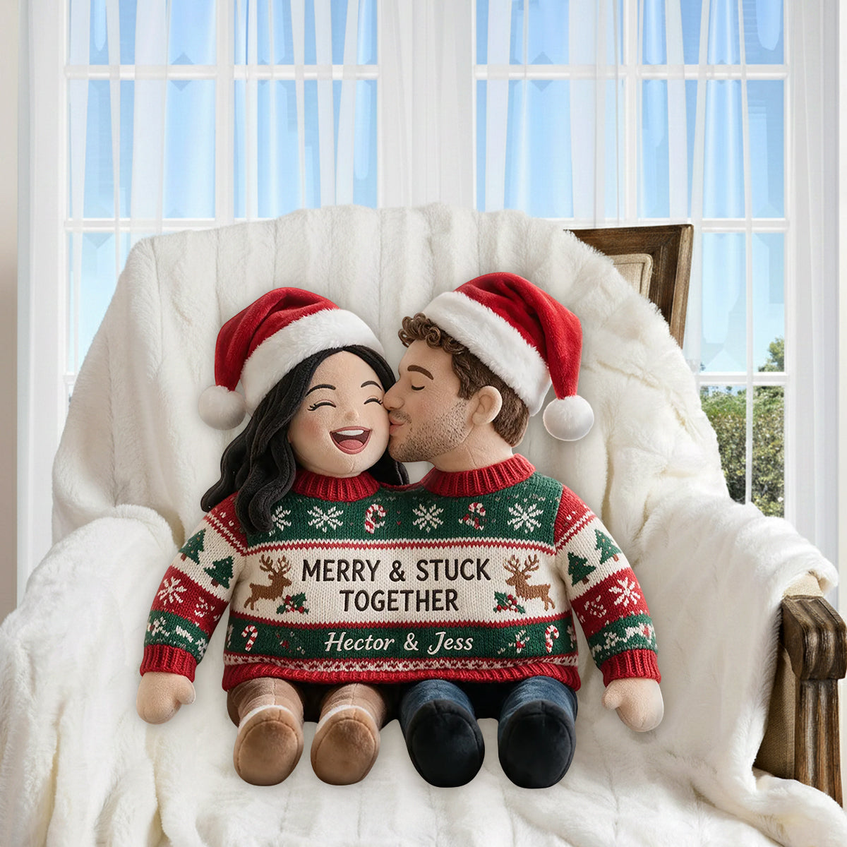 Custom Photo Christmas Couple Faux Fur Pillow - Husband Wife Holiday Home Gift