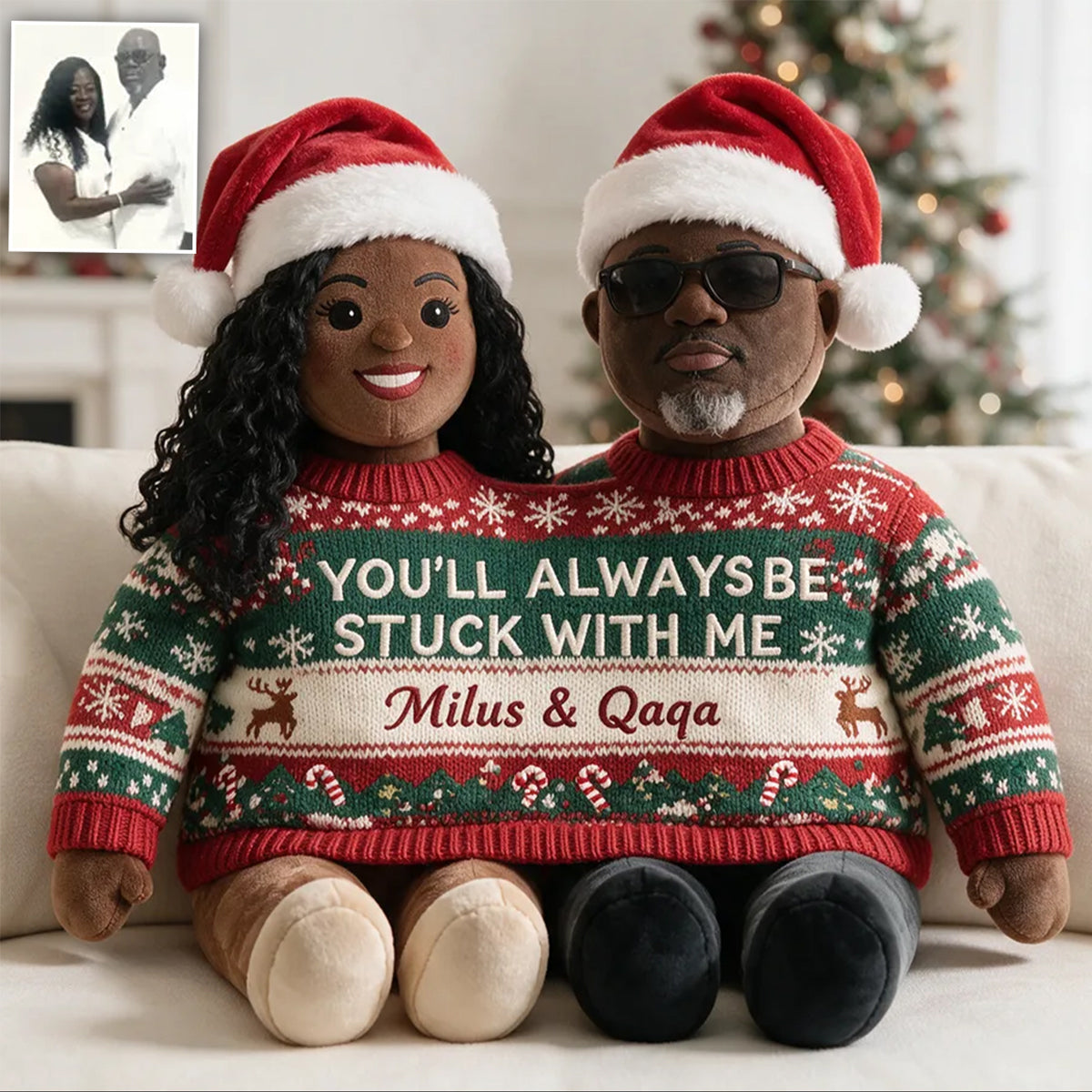 Custom Photo Christmas Middle-Aged Latino Couple Faux Fur Pillow, Husband Wife Home Gift