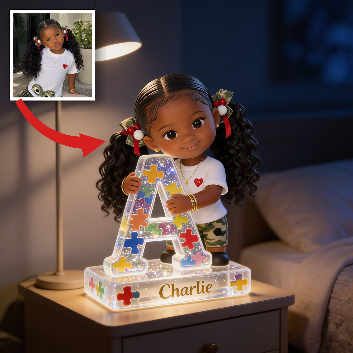 Personalized Black Little Girl Acrylic LED Night Light Kids Bedroom Gift