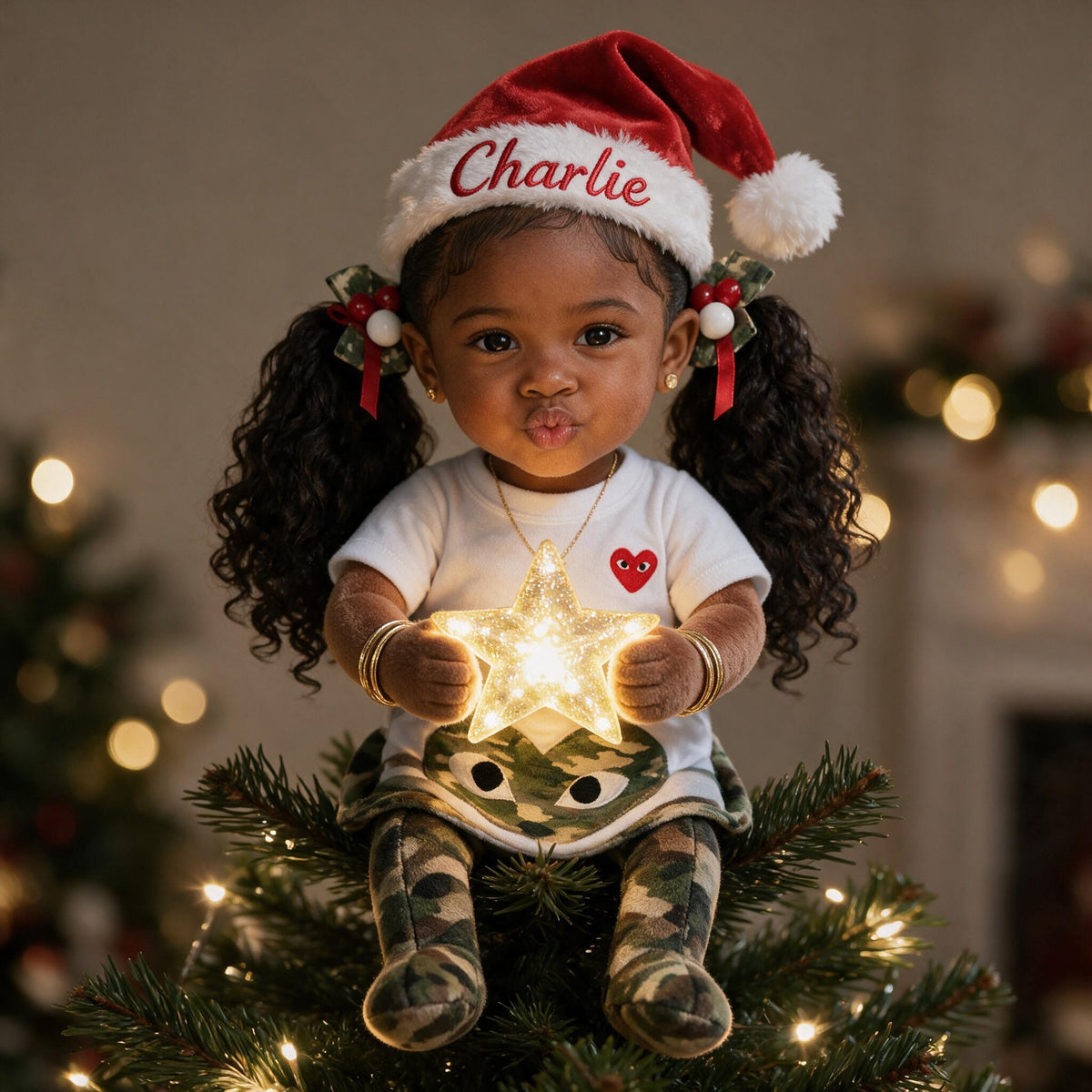 Personalized Christmas Black Little Girl LED Light Tree Topper for Daughter Granddaughter Niece