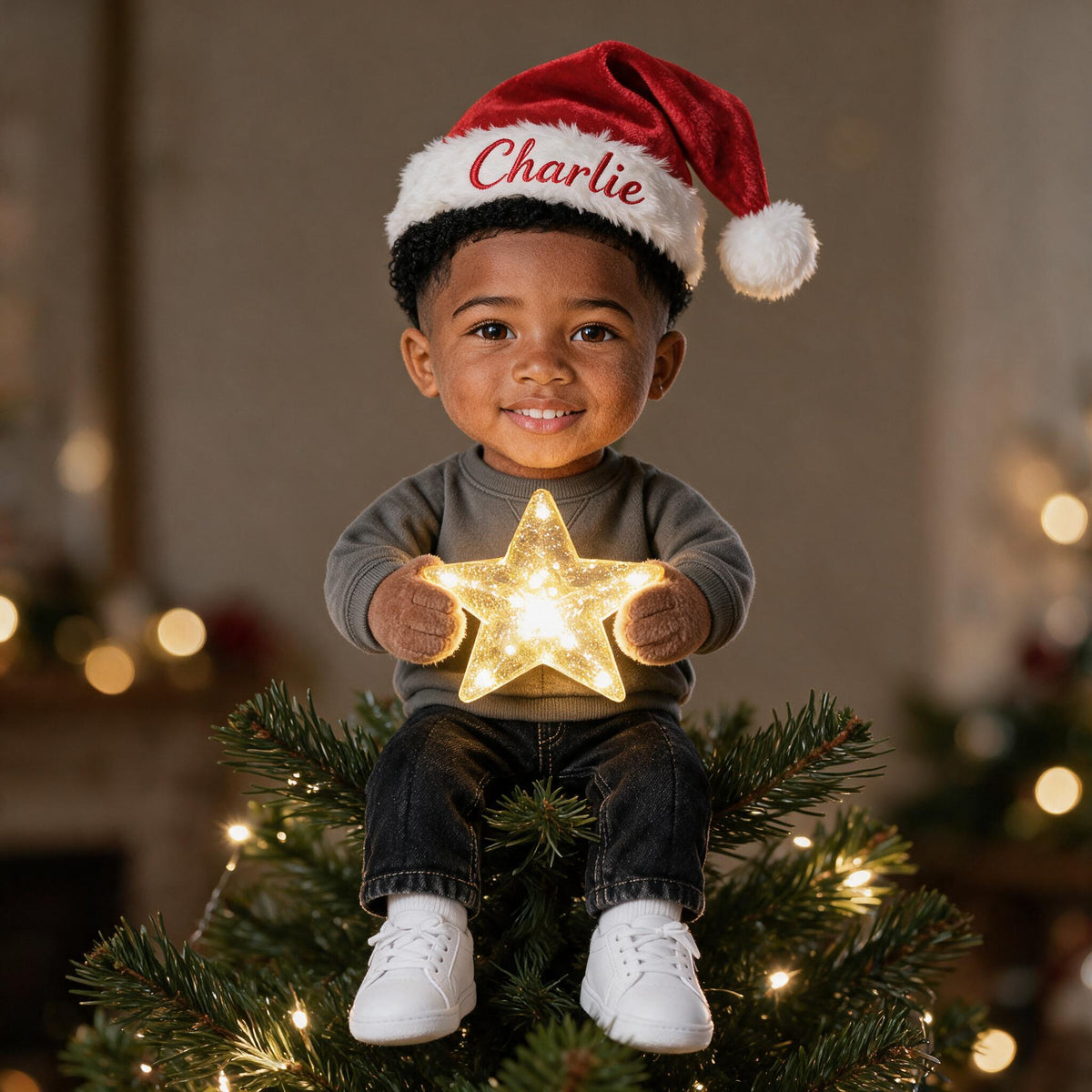 Personalized Christmas Black Little Boy LED Light Tree Topper