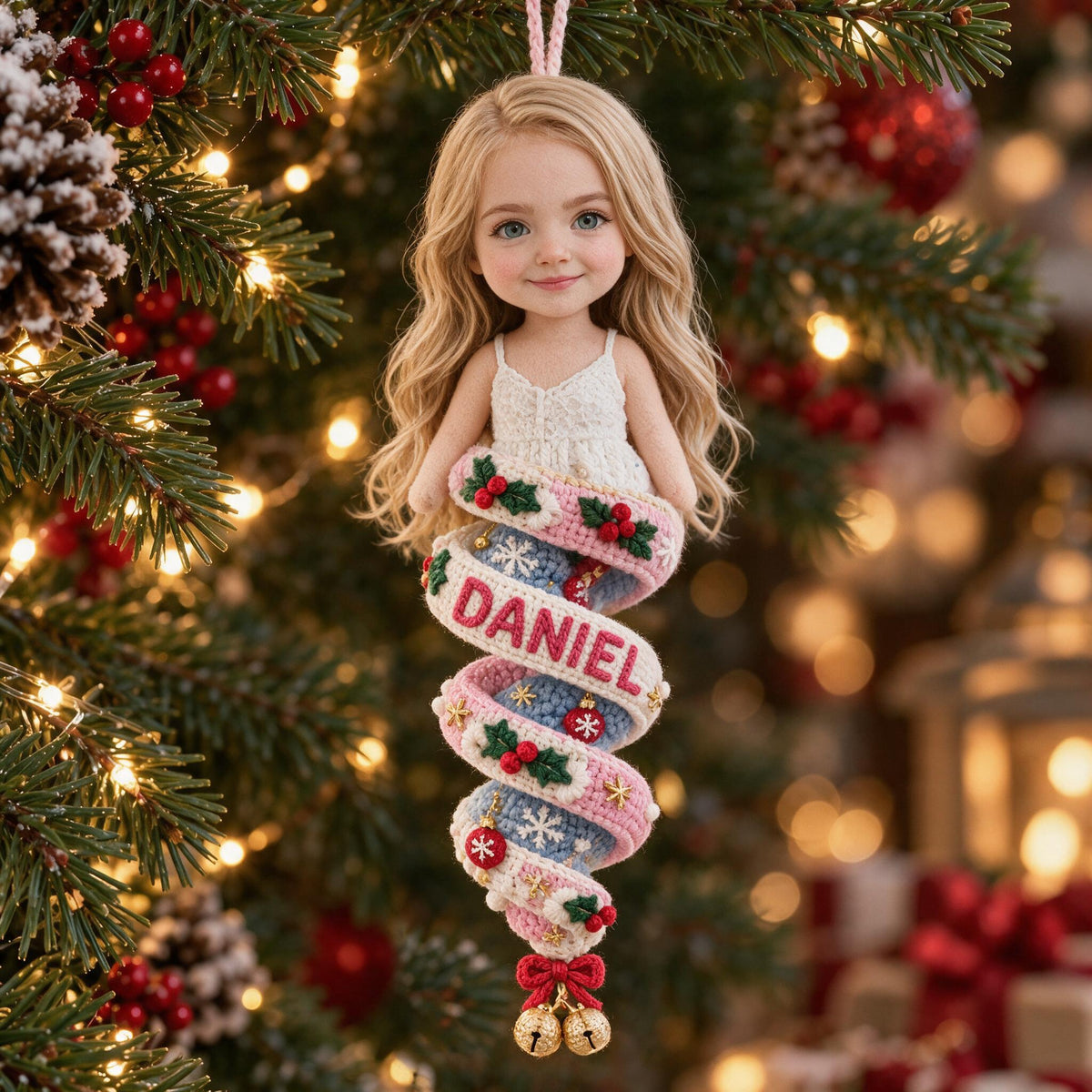 Custom Photo Christmas Little Girl Plush Ornament, Gift for Daughter Granddaughter Niece