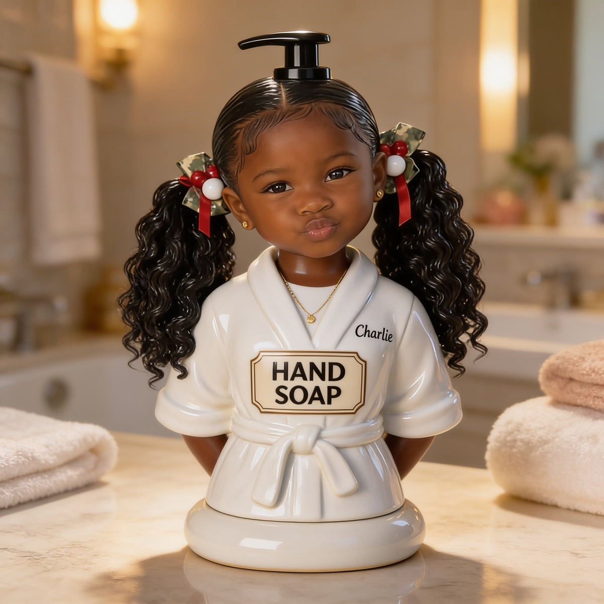 Personalized Black Little Girl Soap Pump Dispenser Kids Bathroom Decor Gift