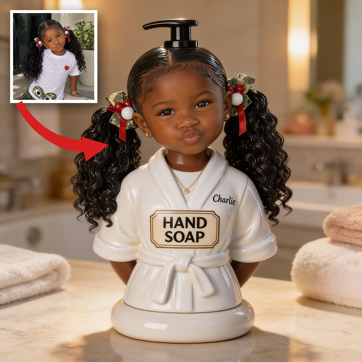 Personalized Black Little Girl Soap Pump Dispenser Kids Bathroom Decor Gift