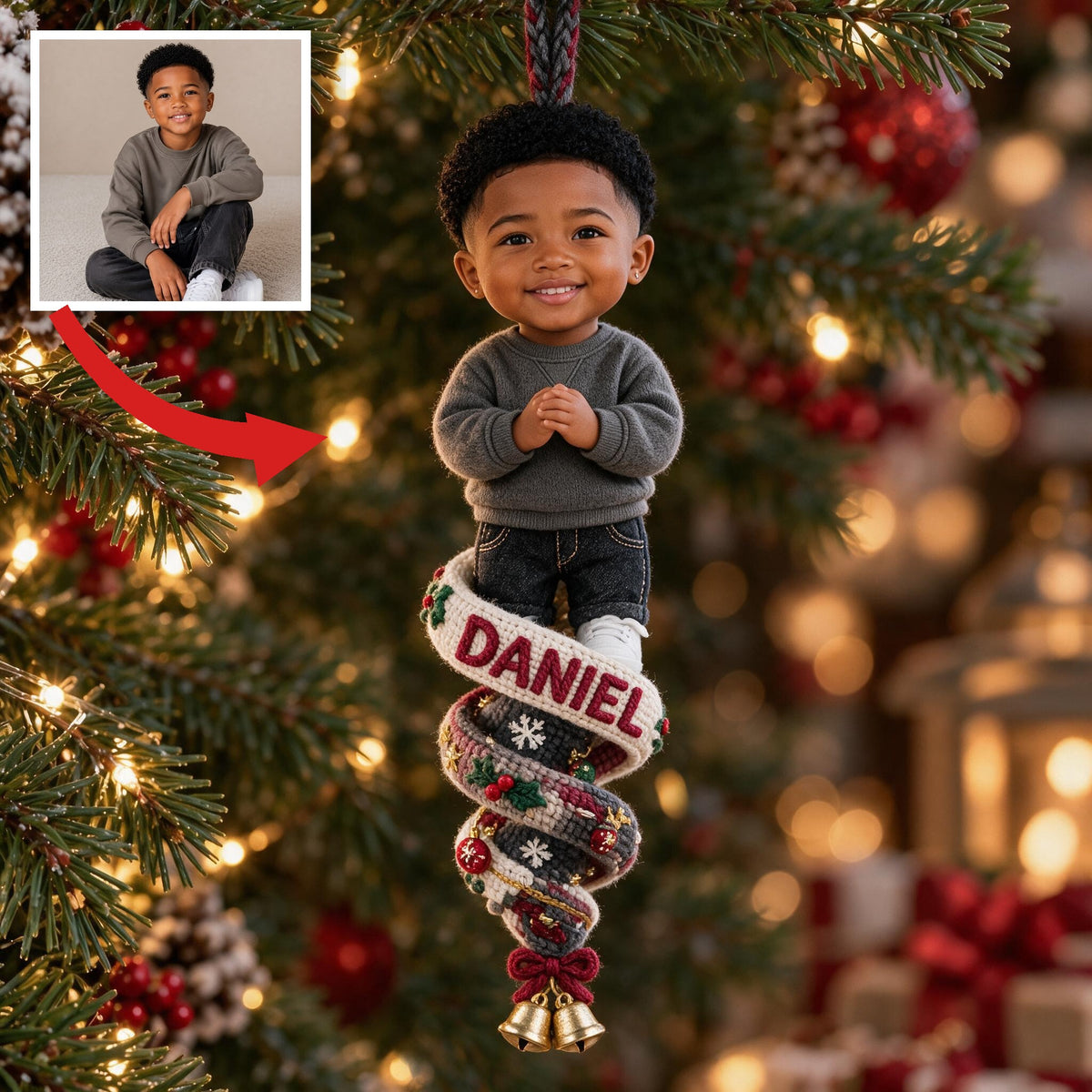 Custom Photo Christmas Black Little Boy Plush Ornament, Son Grandson Nephew Gift