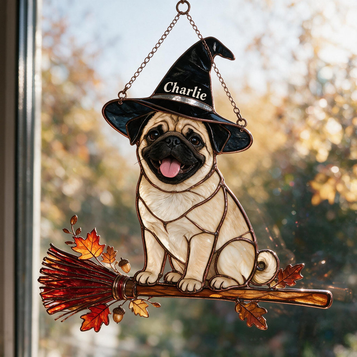 Personalized Halloween Fawn Pug Puppy 3D Printed Glass Suncatcher Dog Lover Gift