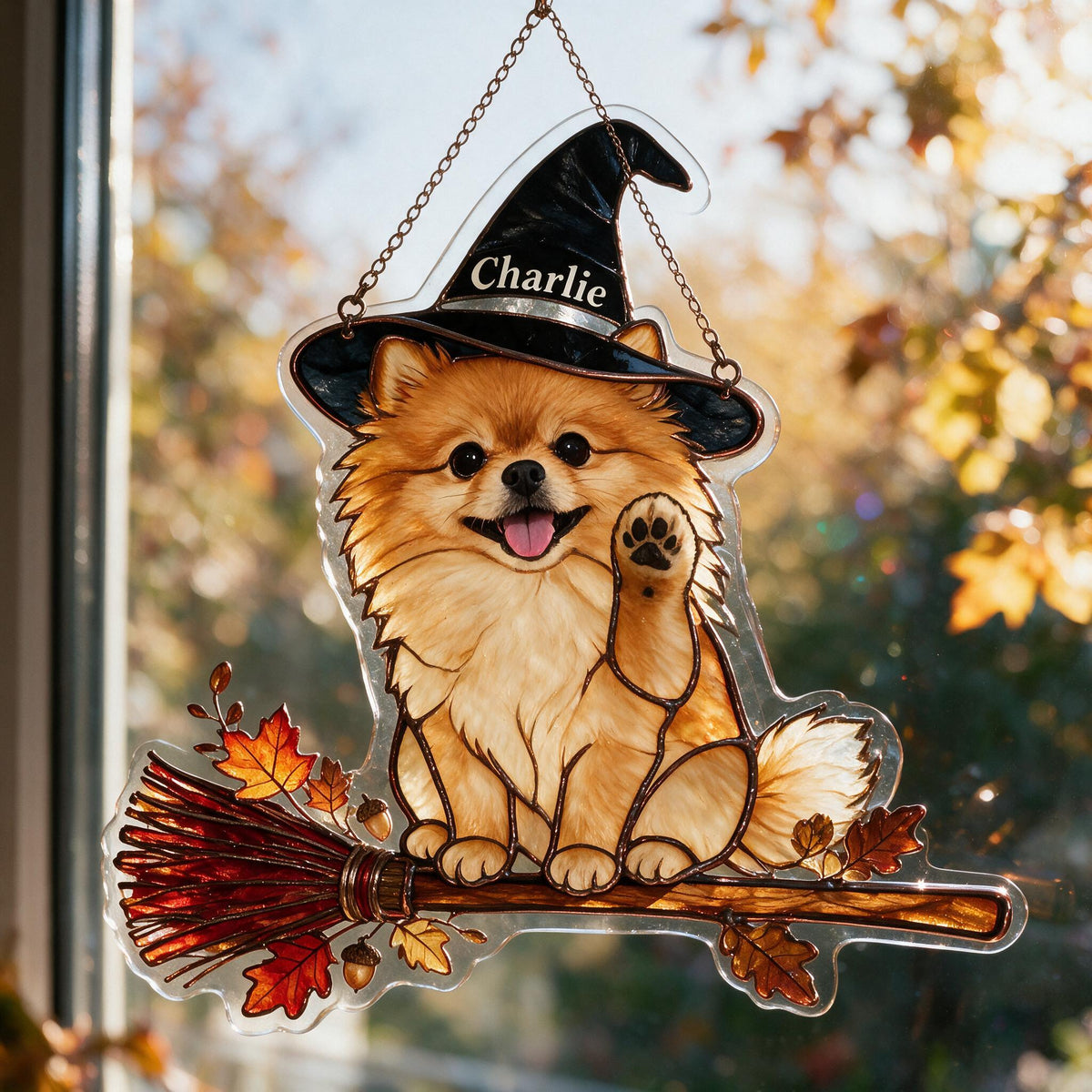 Personalized Halloween Fluffy Golden Pomeranian 3D Glass Suncatcher Dog Lover Gift