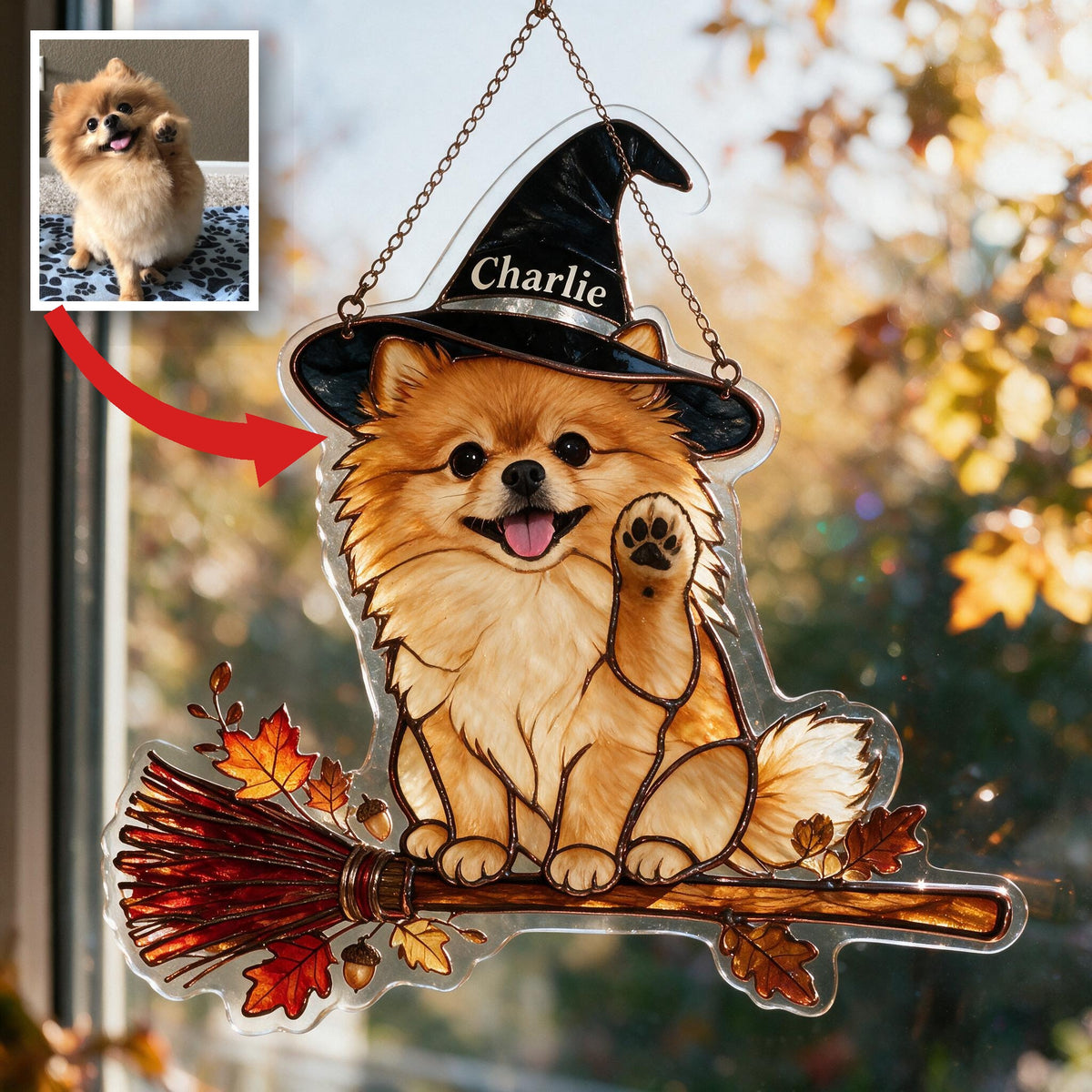 Personalized Halloween Fluffy Golden Pomeranian 3D Glass Suncatcher Dog Lover Gift