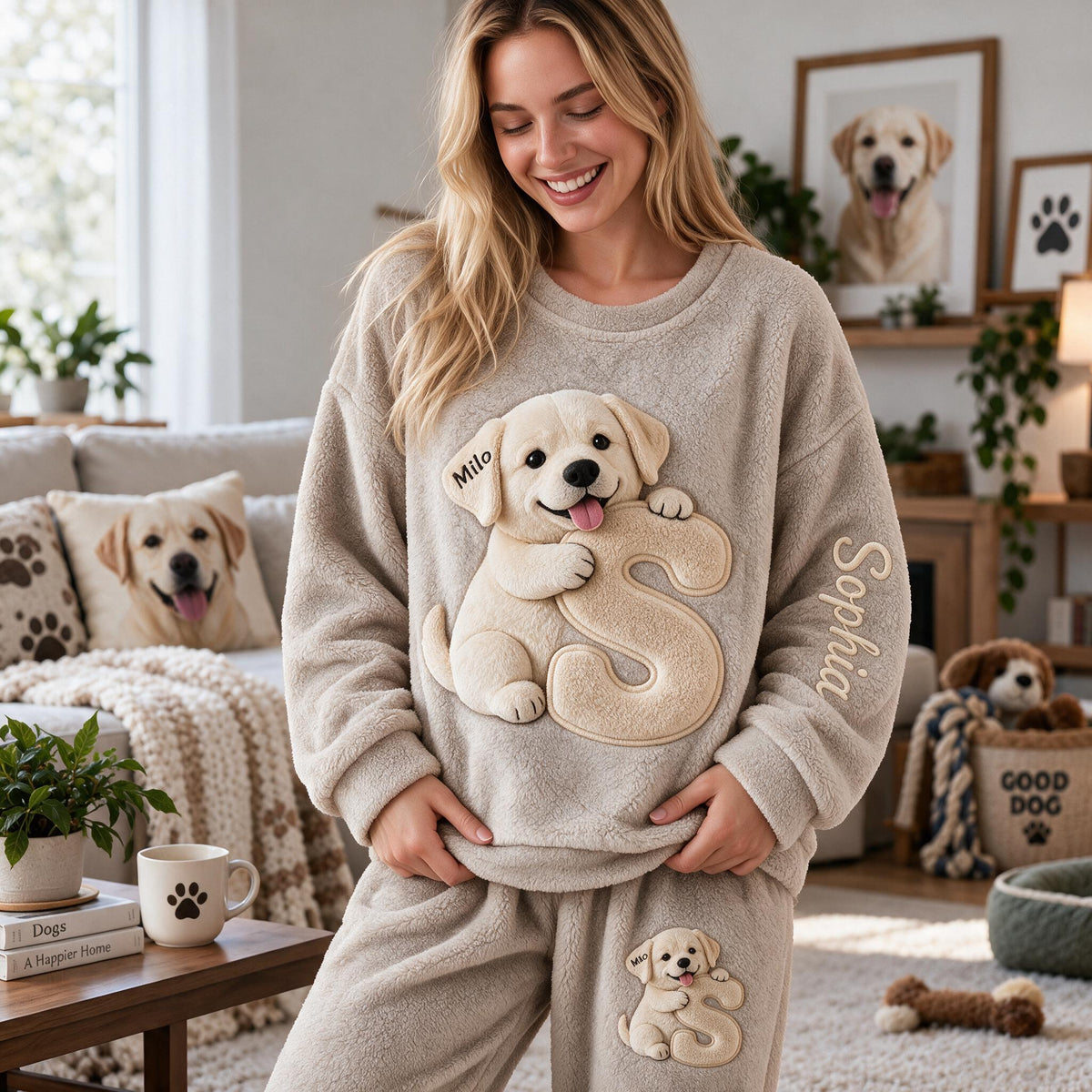 Personalized Adult Yellow Labrador Retriever Fleece Lounge Set for Dog Lovers