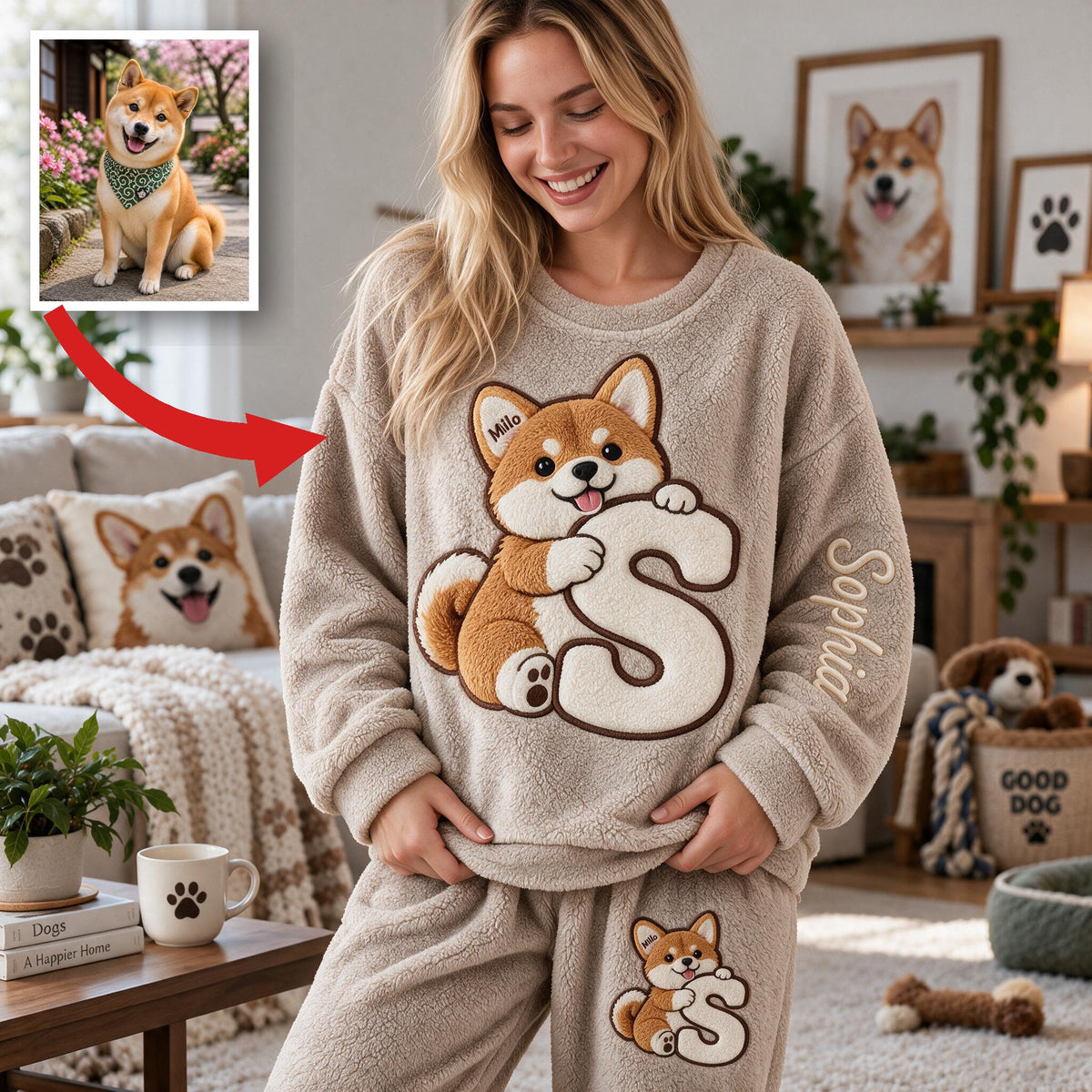 Personalized Tan White Adult Shiba Inu Fleece Lounge Set Cozy Loungewear Gift