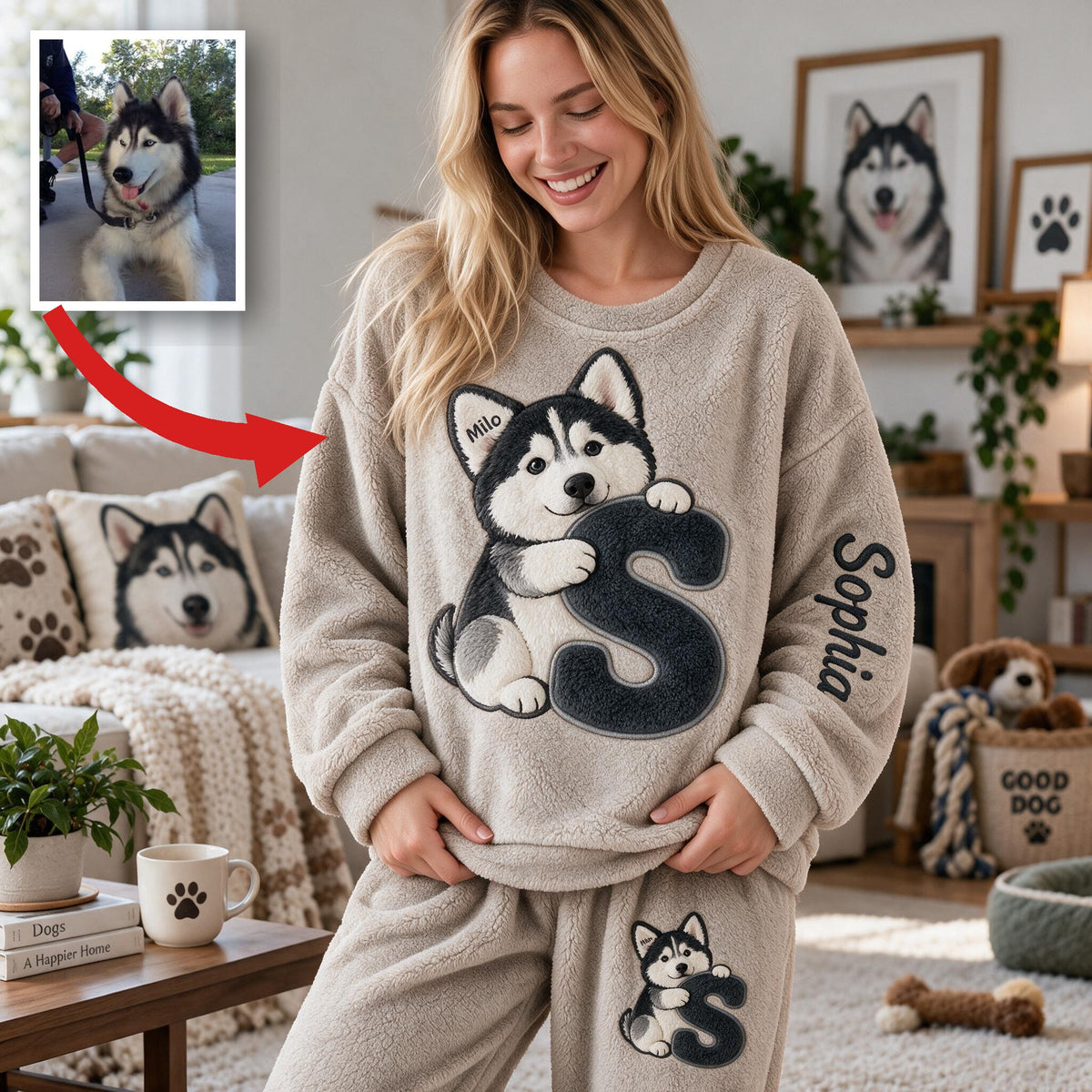 Personalized Siberian Husky Initial Fleece Lounge Set Cozy Loungewear