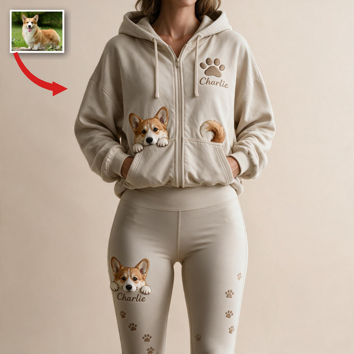 Personalized Tan & White Pembroke Welsh Corgi Zip Hoodie & Leggings Set