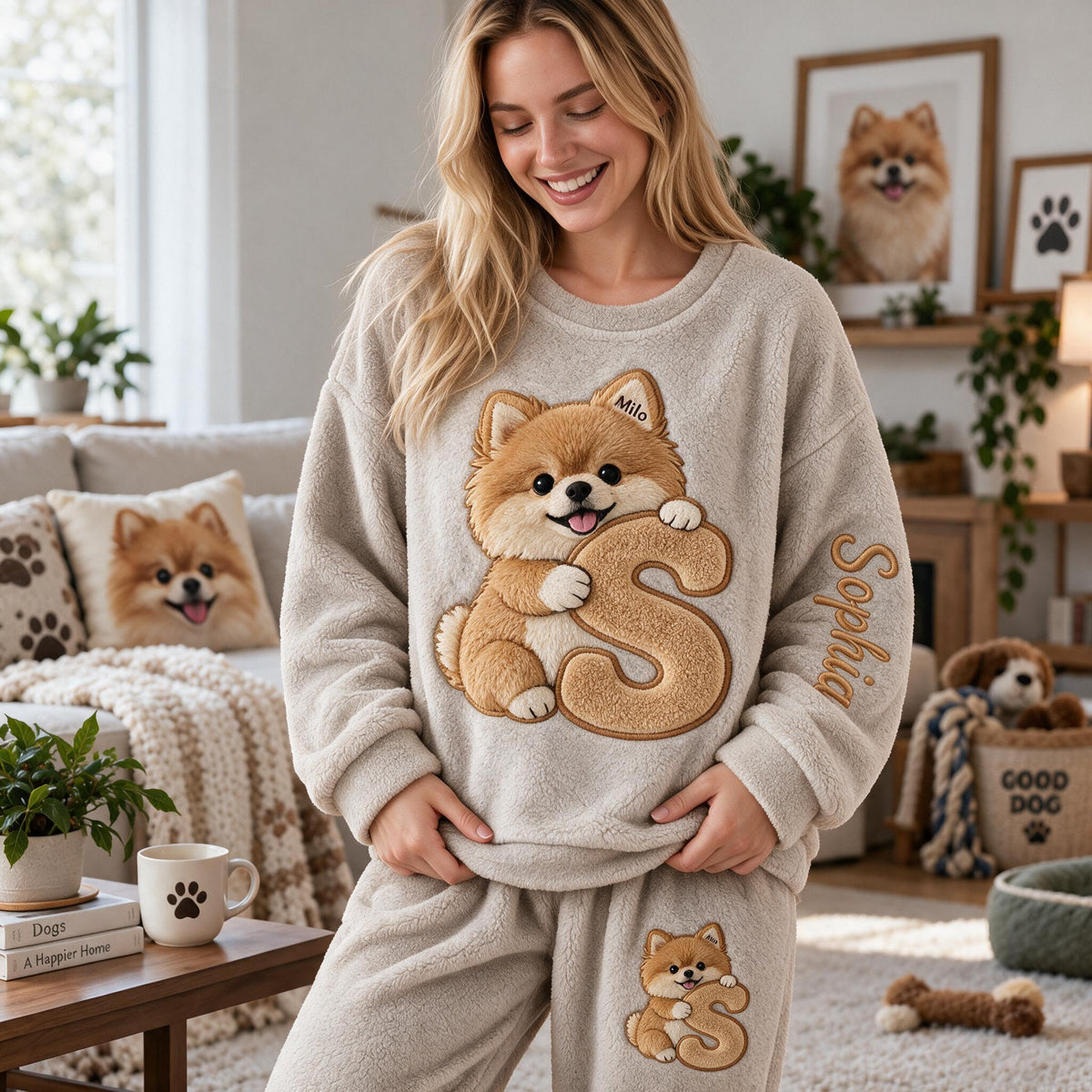 Personalized Fluffy Golden Tan Pomeranian Fleece Lounge Set