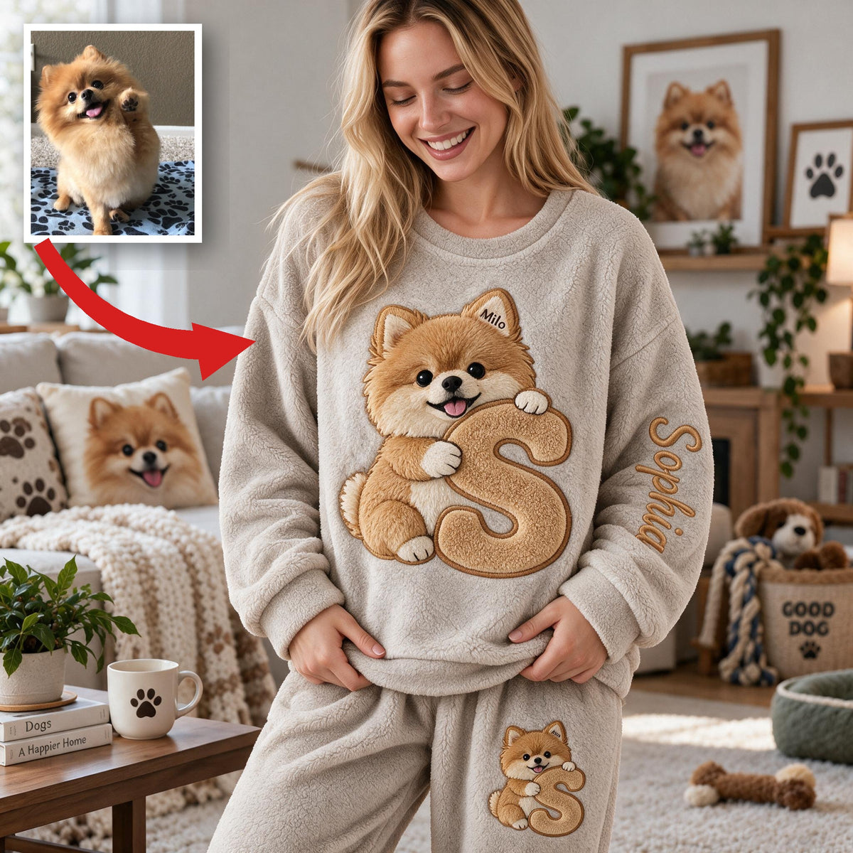 Personalized Fluffy Golden Tan Pomeranian Fleece Lounge Set