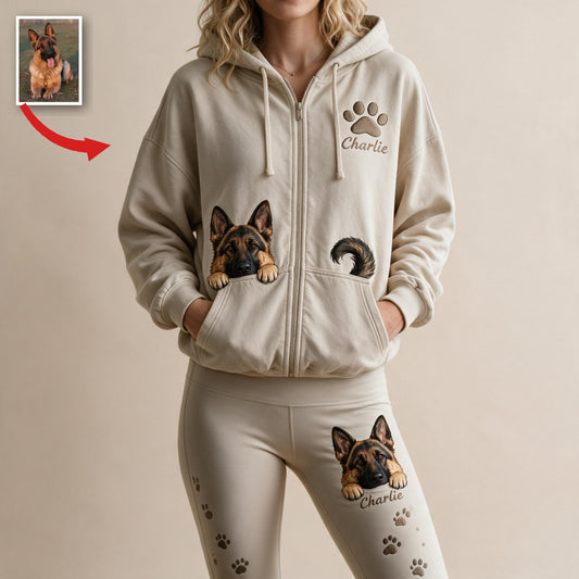 Ensemble de Loungewear Personnalisé Sweat à Capuche Noir et Feu & Leggings Cadeau pour Propriétaire de Chien