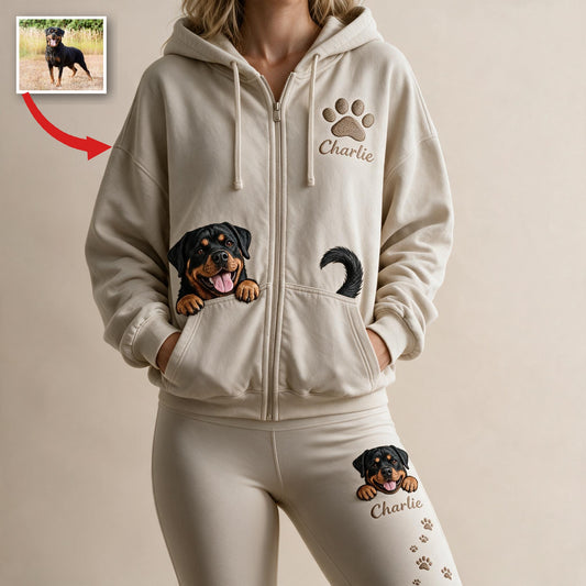 Sweat à capuche zippé et ensemble de leggings Rottweiler noir et feu personnalisé