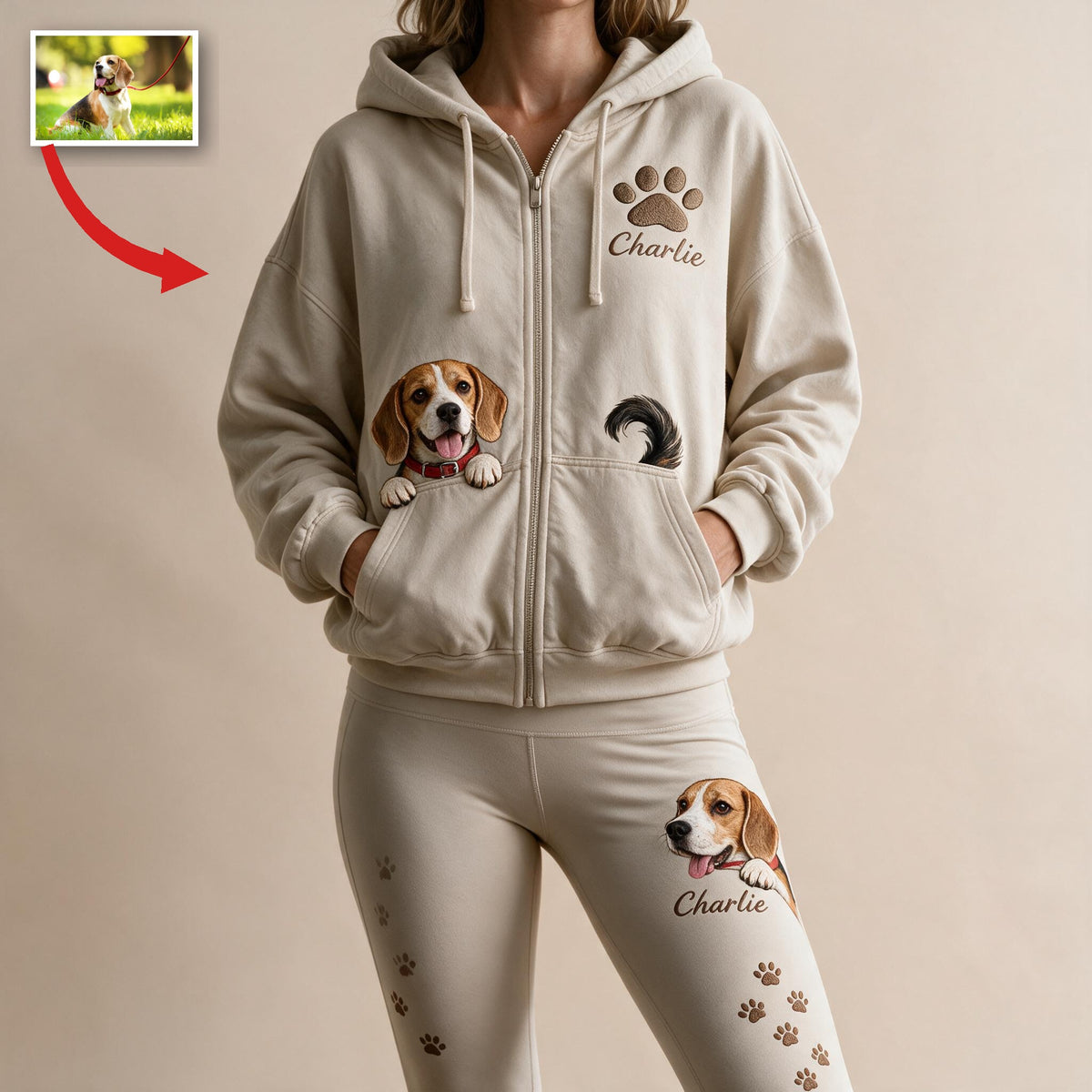 Personalized Adult Tricolor Beagle Zip Hoodie & Leggings Set Dog Lover Gift