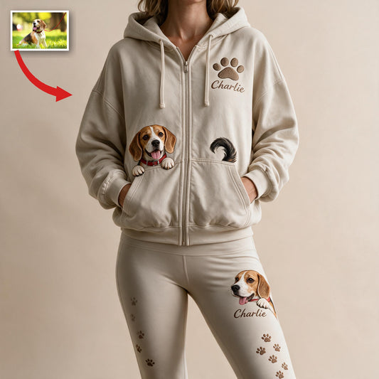 Sweat à Capuche Tricolore Personnalisé pour Adultes & Ensemble de Leggings - Cadeau pour Amoureux des Chiens