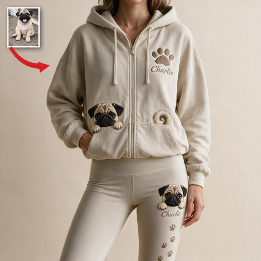 Ensemble de Loungewear Personnalisé Sweat à Capuche Pug Masque Noir & Leggings