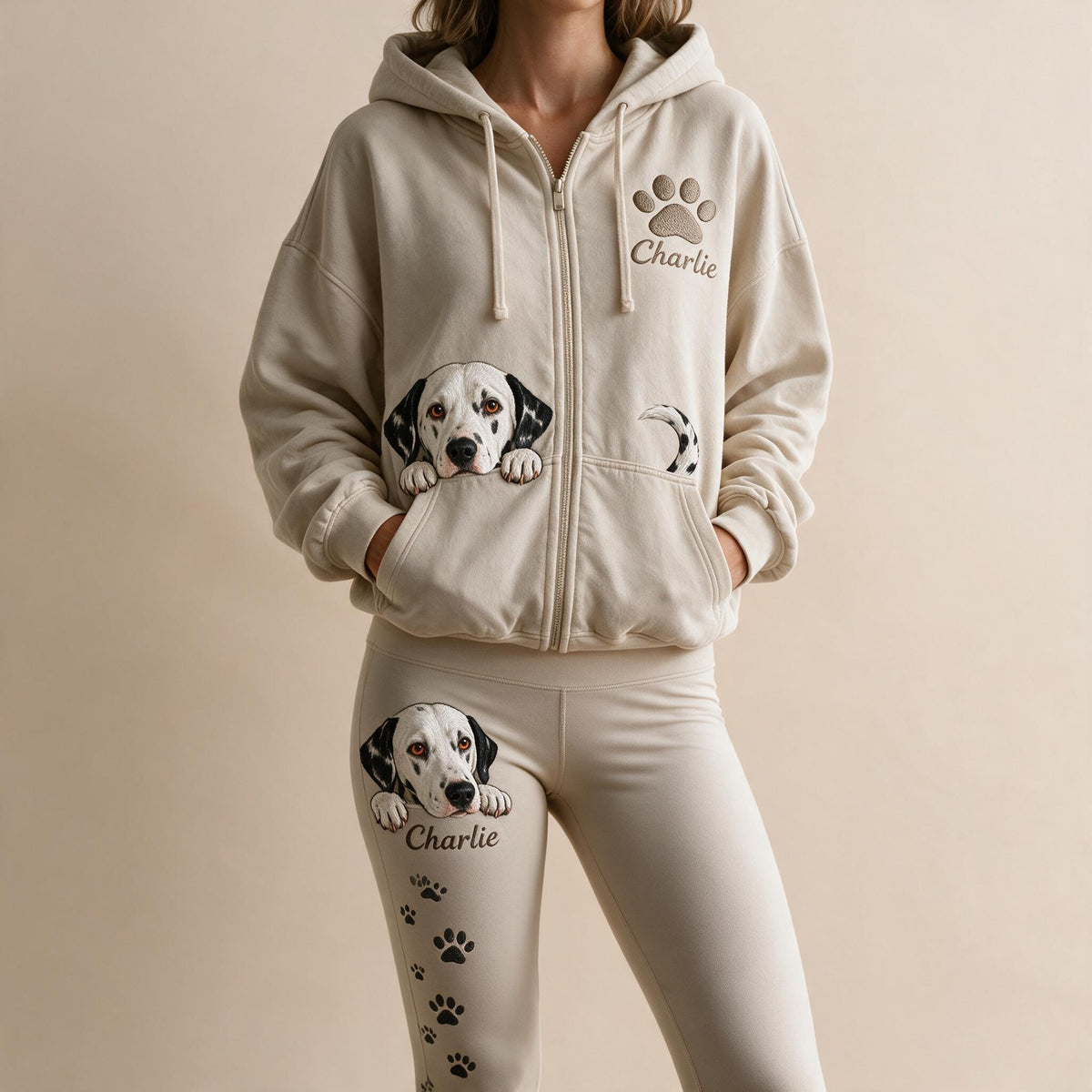 Personalized Black and White Spotted Dalmatian Zip Hoodie & Leggings Loungewear Set