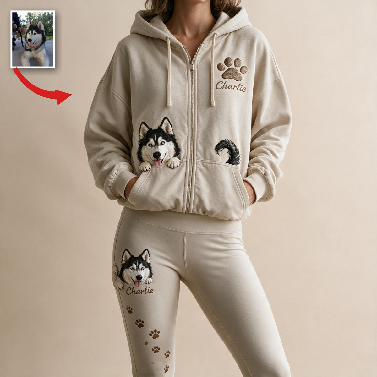Personalized Siberian Husky Zip Hoodie & Leggings Loungewear Set