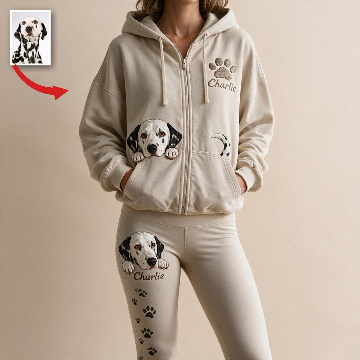Personalized Black and White Spotted Dalmatian Zip Hoodie & Leggings Loungewear Set