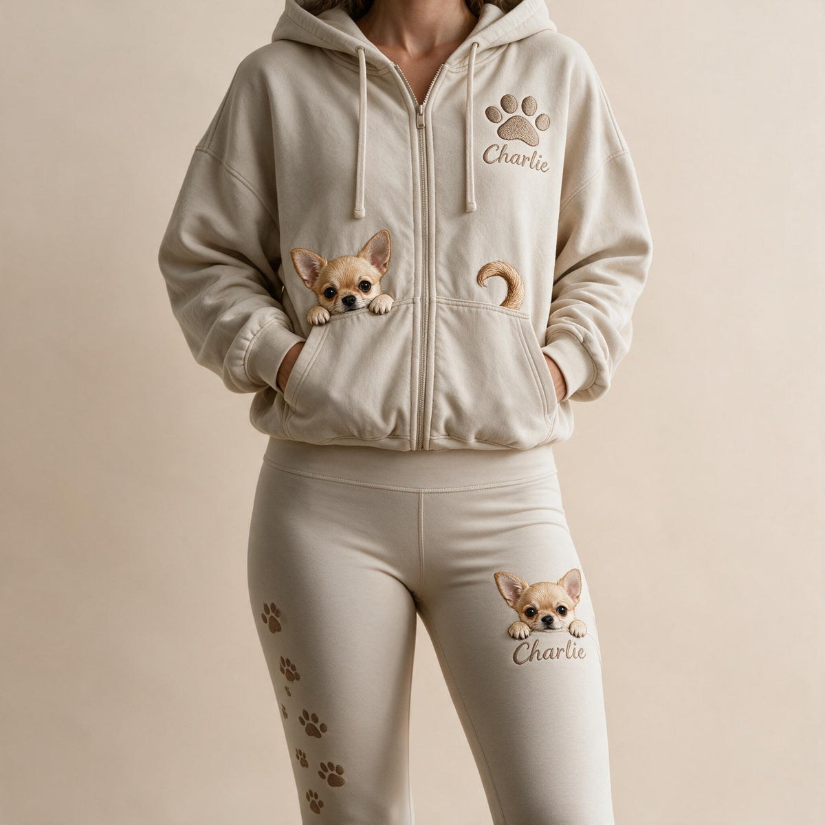 Personalized Fawn White Chihuahua Puppy Zip Hoodie & Leggings Loungewear Set