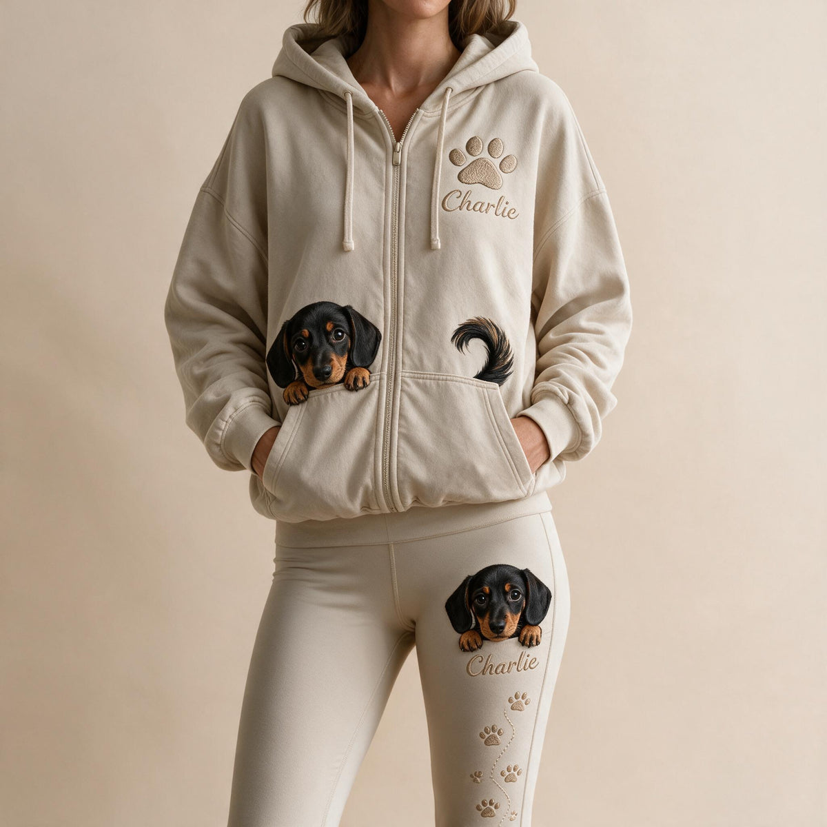 Personalized Black and Tan Dachshund Puppy Zip Hoodie & Leggings Set