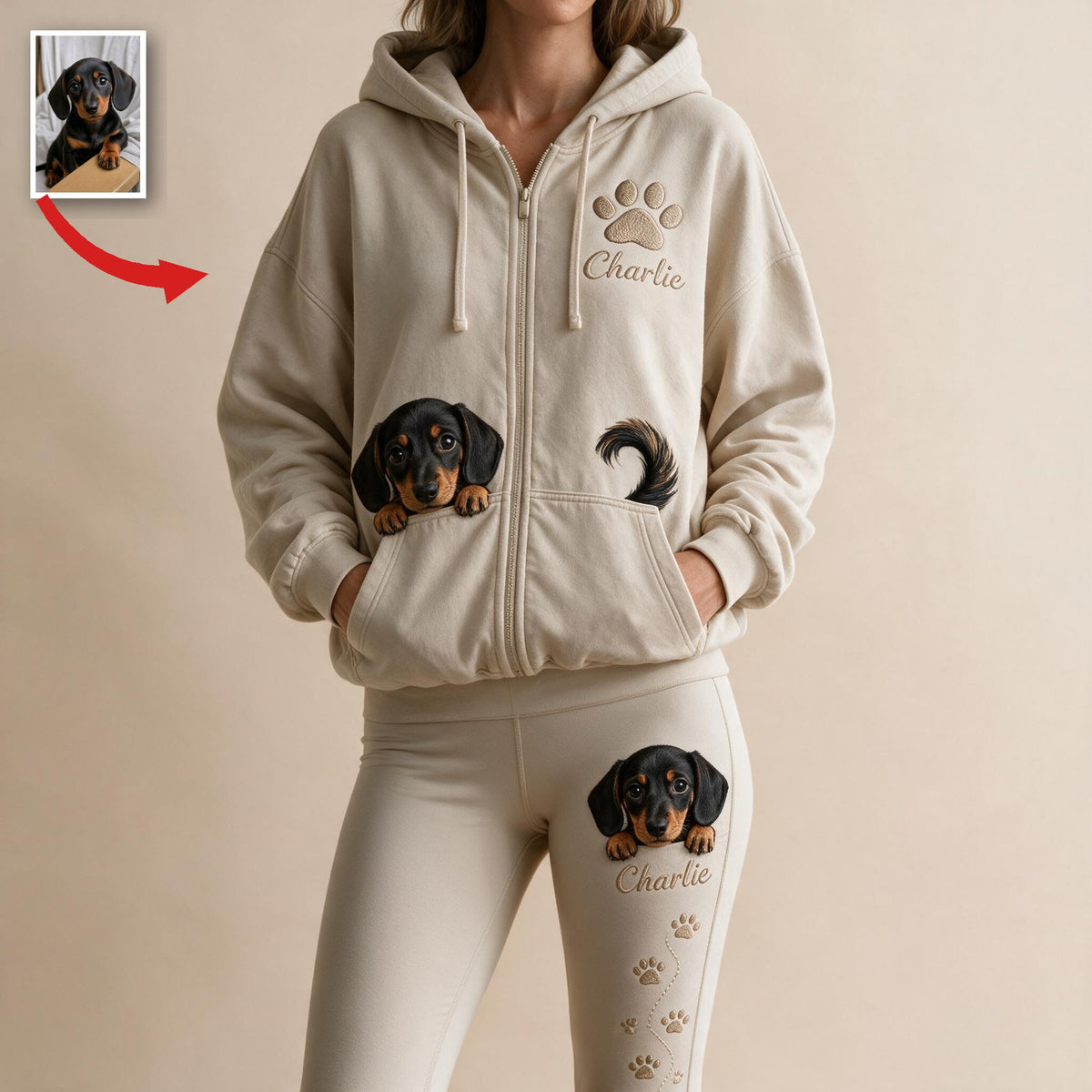 Personalized Black and Tan Dachshund Puppy Zip Hoodie & Leggings Set