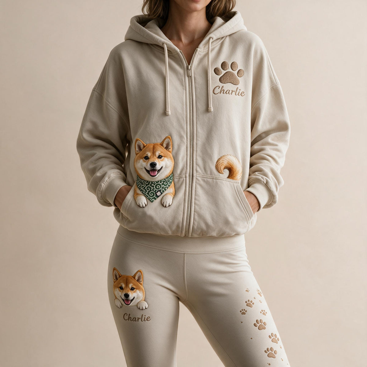 Personalized Tan & White Adult Shiba Inu Zip Hoodie & Leggings Set