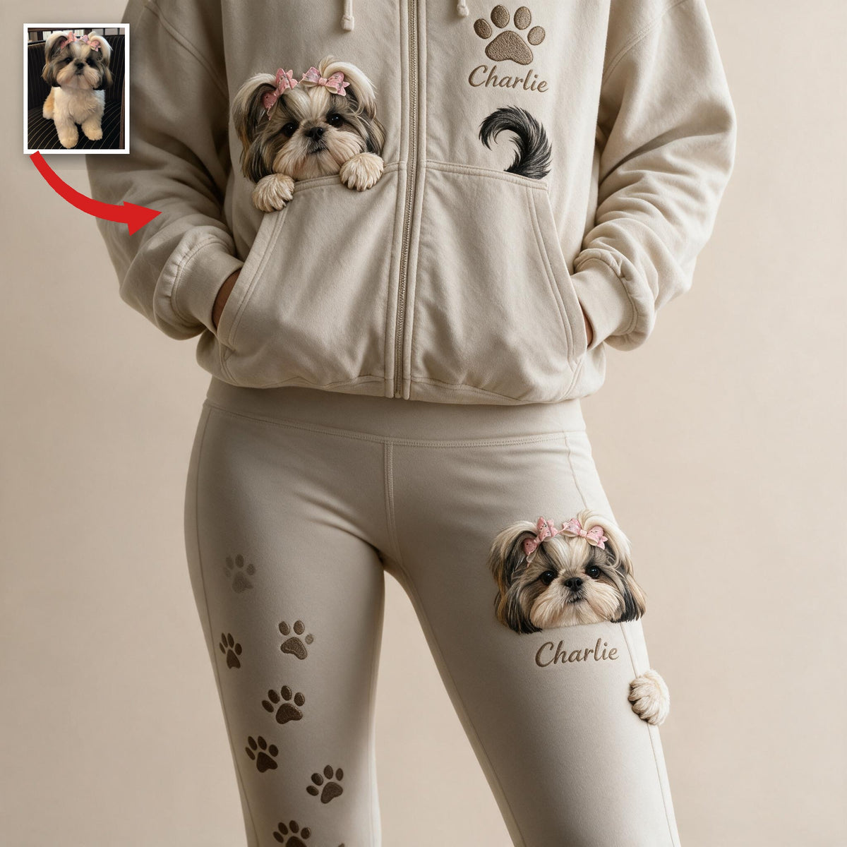 Personalized Fluffy Shih Tzu Zip Hoodie & Leggings Loungewear Set