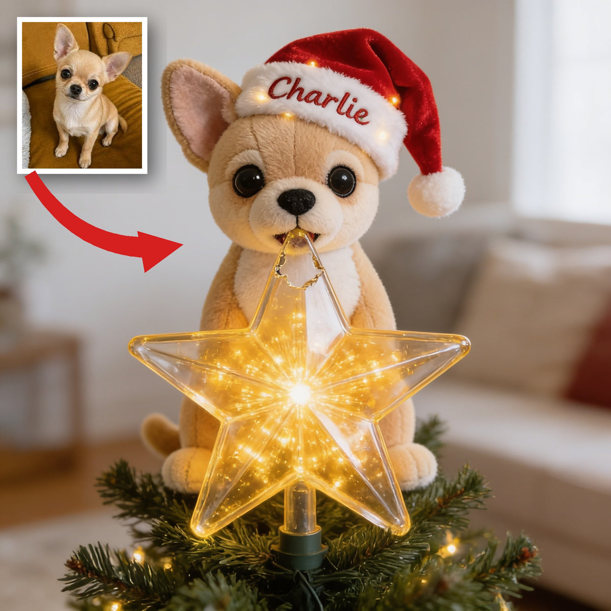 Personalized Christmas Fawn White Chihuahua Puppy LED Light Tree Topper Dog Lover Gift