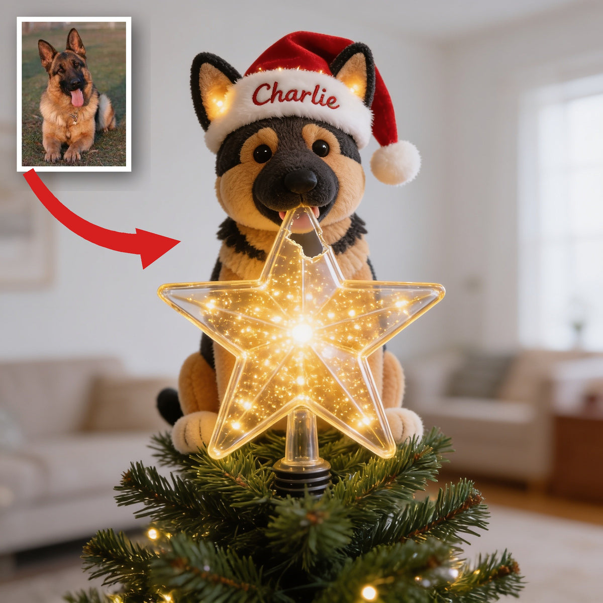 Personalized Christmas Black and Tan German Shepherd LED Tree Topper