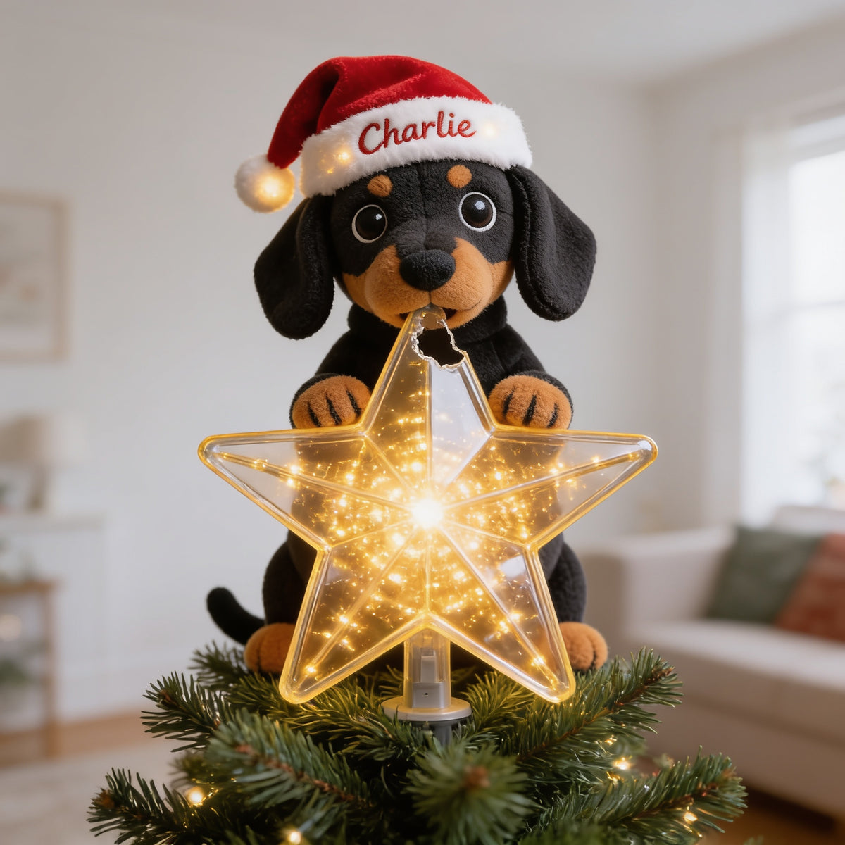 Personalized Christmas Black and Tan Dachshund Puppy LED Light Tree Topper Dog Lover Gift