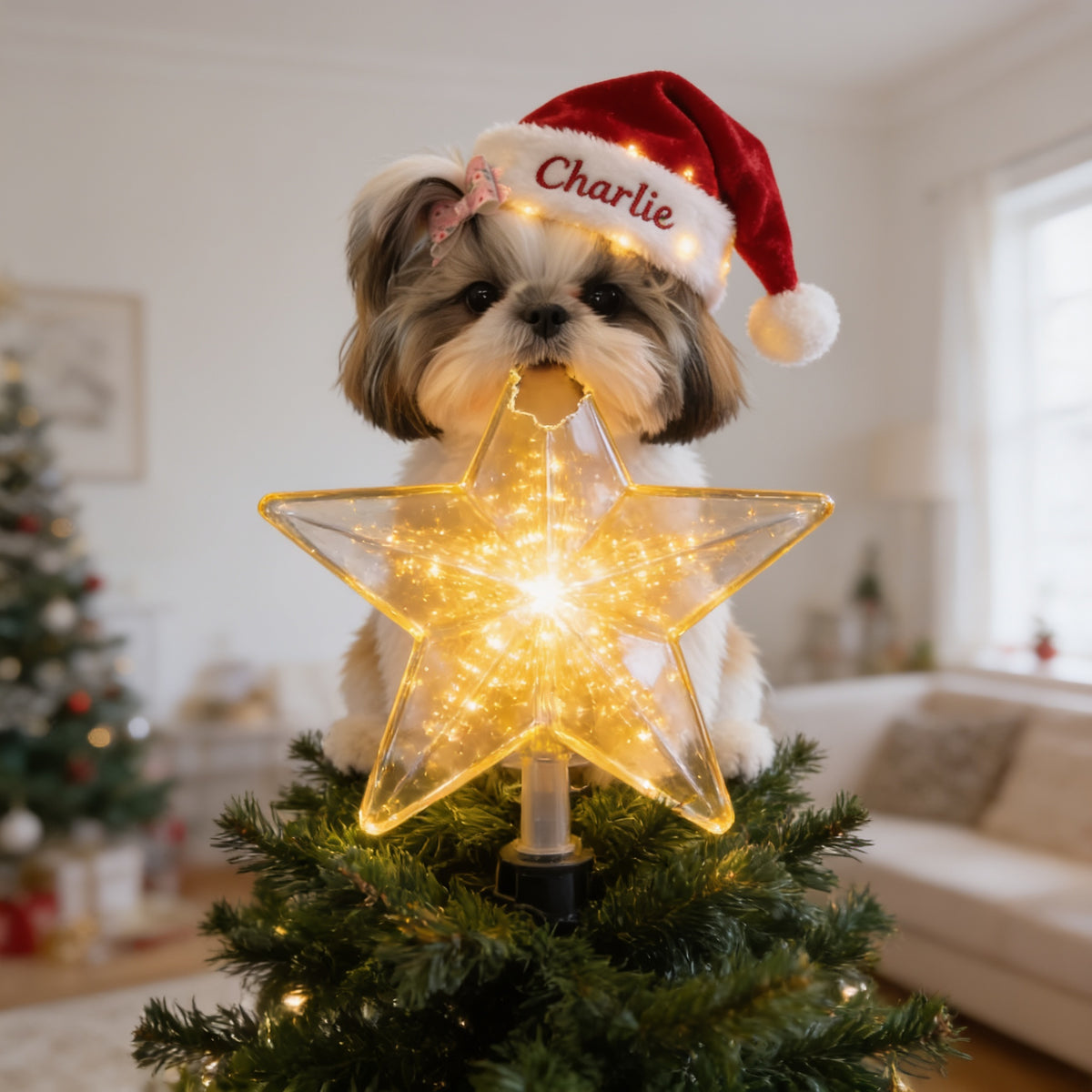 Personalized Christmas Fluffy Shih Tzu LED Light Tree Topper Dog Lover Gift