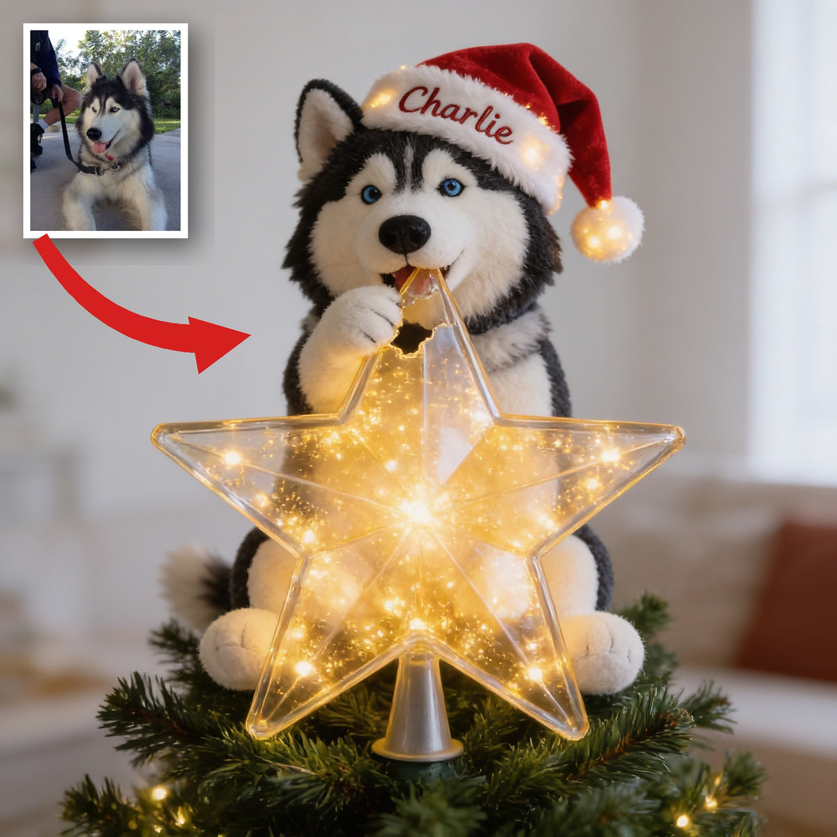 Personalized Christmas Siberian Husky LED Light Tree Topper Pet Lover Gift