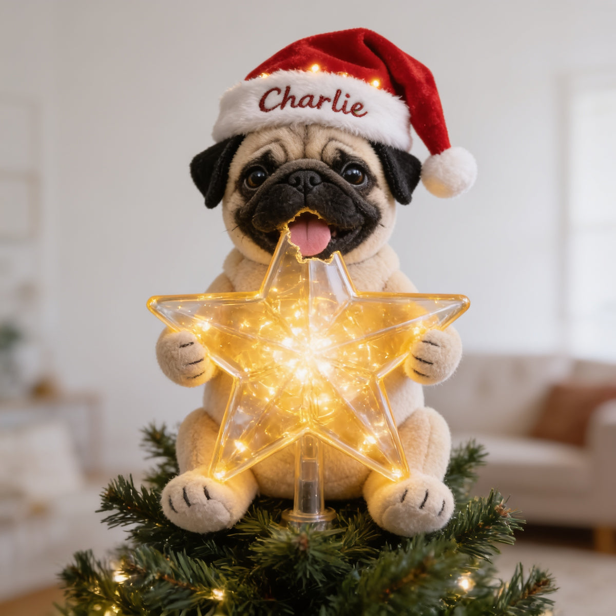 Personalized Christmas Fawn Pug Puppy LED Light Tree Topper Dog Lover Gift