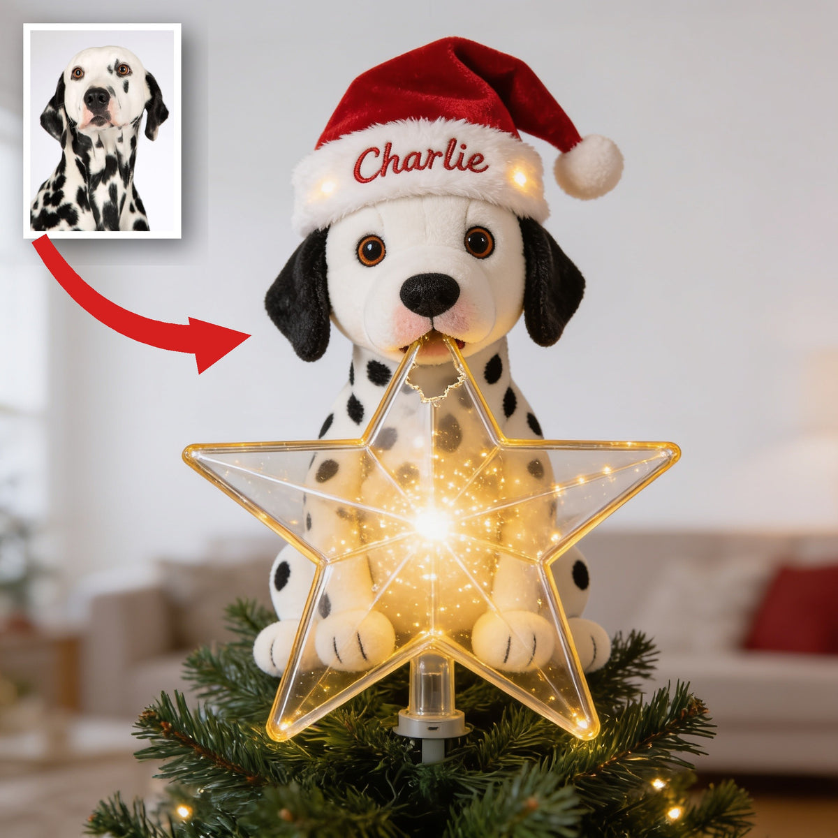 Personalized Christmas Black and White Spotted Dalmatian LED Tree Topper, Dog Lover Gift