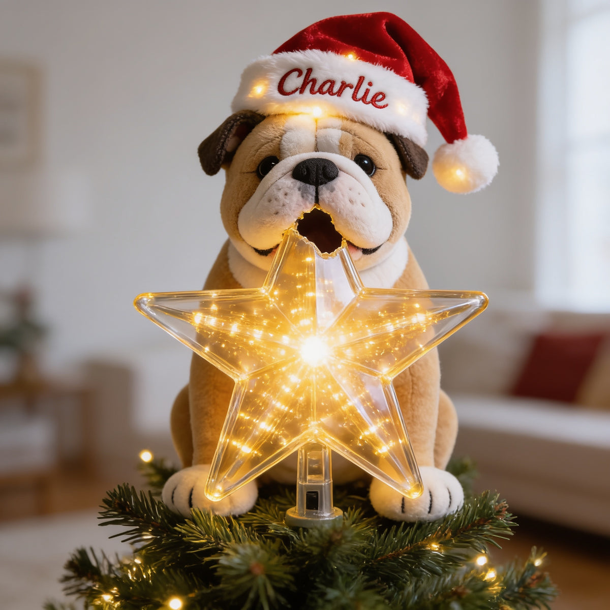 Personalized Christmas Fawn & White Bulldog LED Light Tree Topper