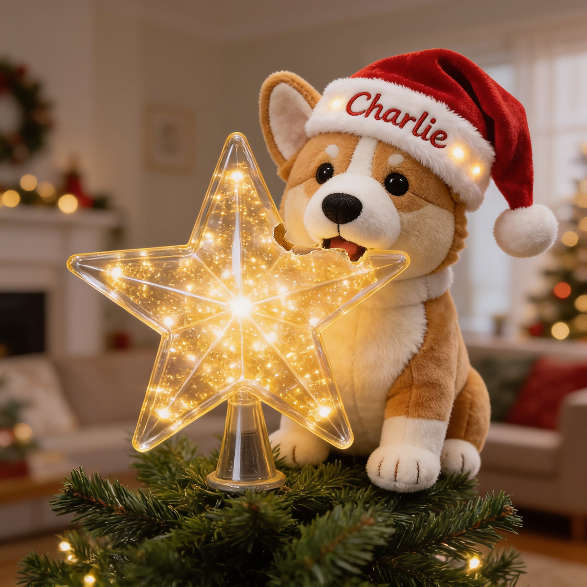 Personalized Christmas Tan & White Pembroke Welsh Corgi LED Light Tree Topper Dog Lover Decor