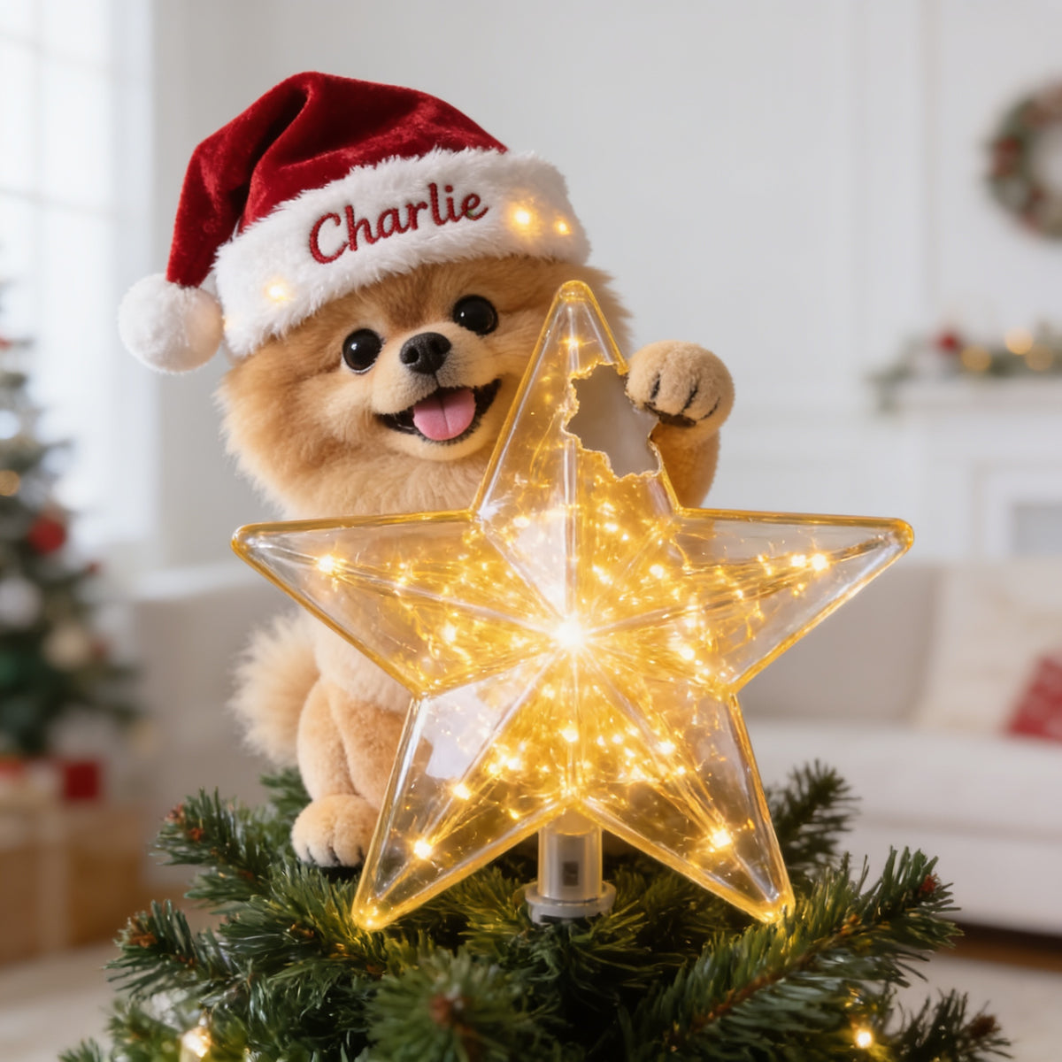 Personalized Christmas Fluffy Pomeranian LED Light Tree Topper Dog Lover Gift
