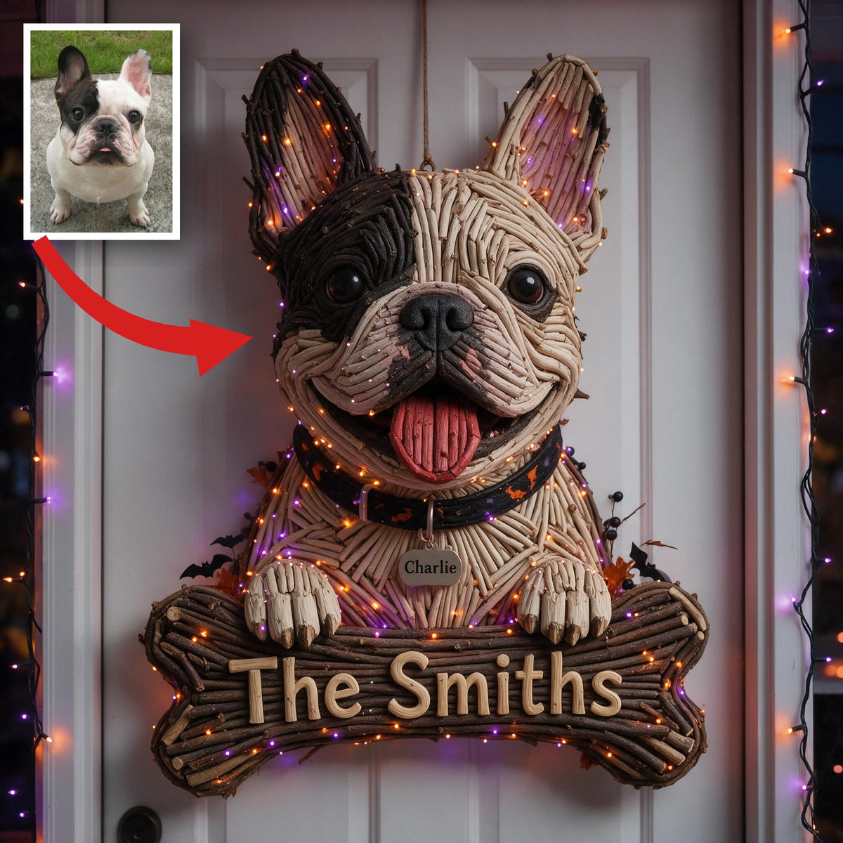 Personalisierte Halloween Schwarz-Weiß Französische Bulldogge LED Licht Acrylschild