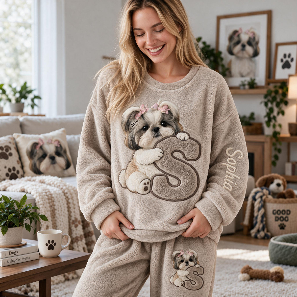 Personalized Fluffy Shih Tzu Fleece Lounge Set Cozy Loungewear for Dog Lovers