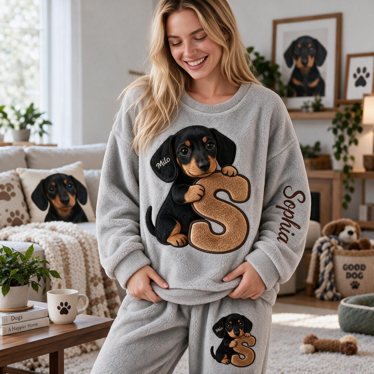 Personalized Black and Tan Dachshund Puppy Fleece Lounge Set Dog Lover Gift