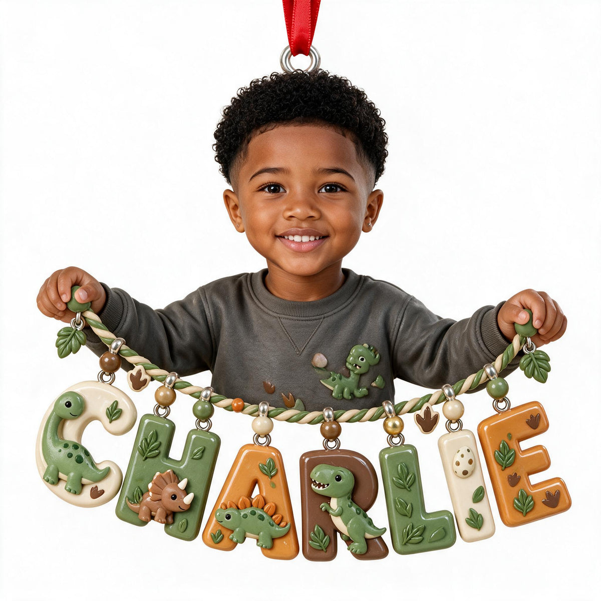 Personalized Black Little Boy Name Ornament Dinosaur Gift for Son Grandson Nephew