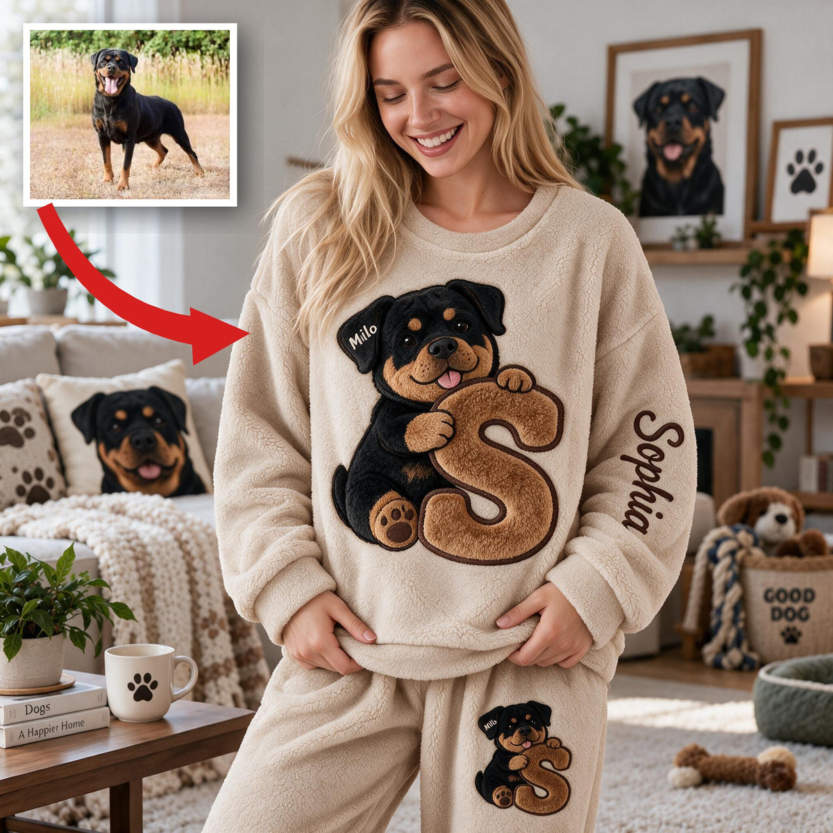 Personalized Black and Tan Adult Rottweiler Fleece Lounge Set Dog Lover Gift