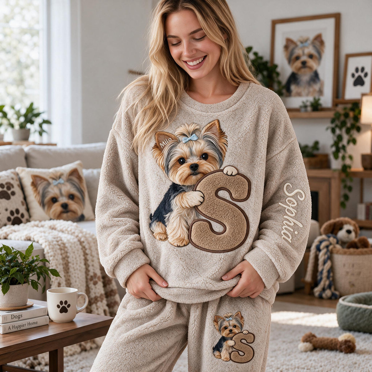 Personalized Black and Tan Yorkshire Terrier Fleece Lounge Set Dog Lover Gift