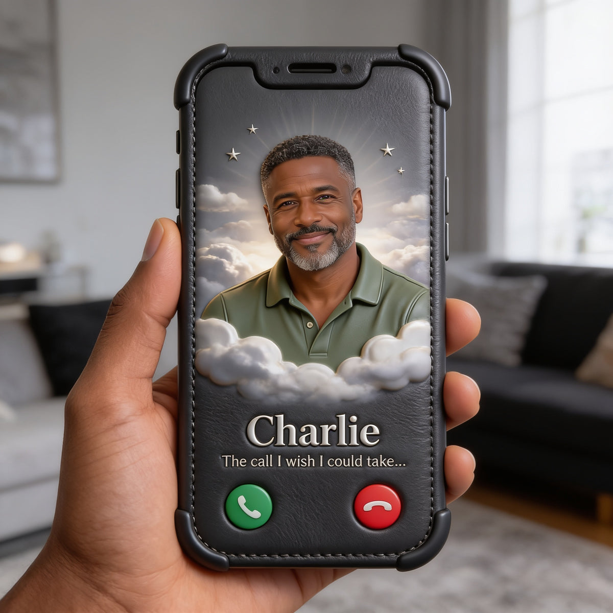 Personalized Middle-Aged Black Man Memorial Leather Phone Case, Dad Husband Keepsake