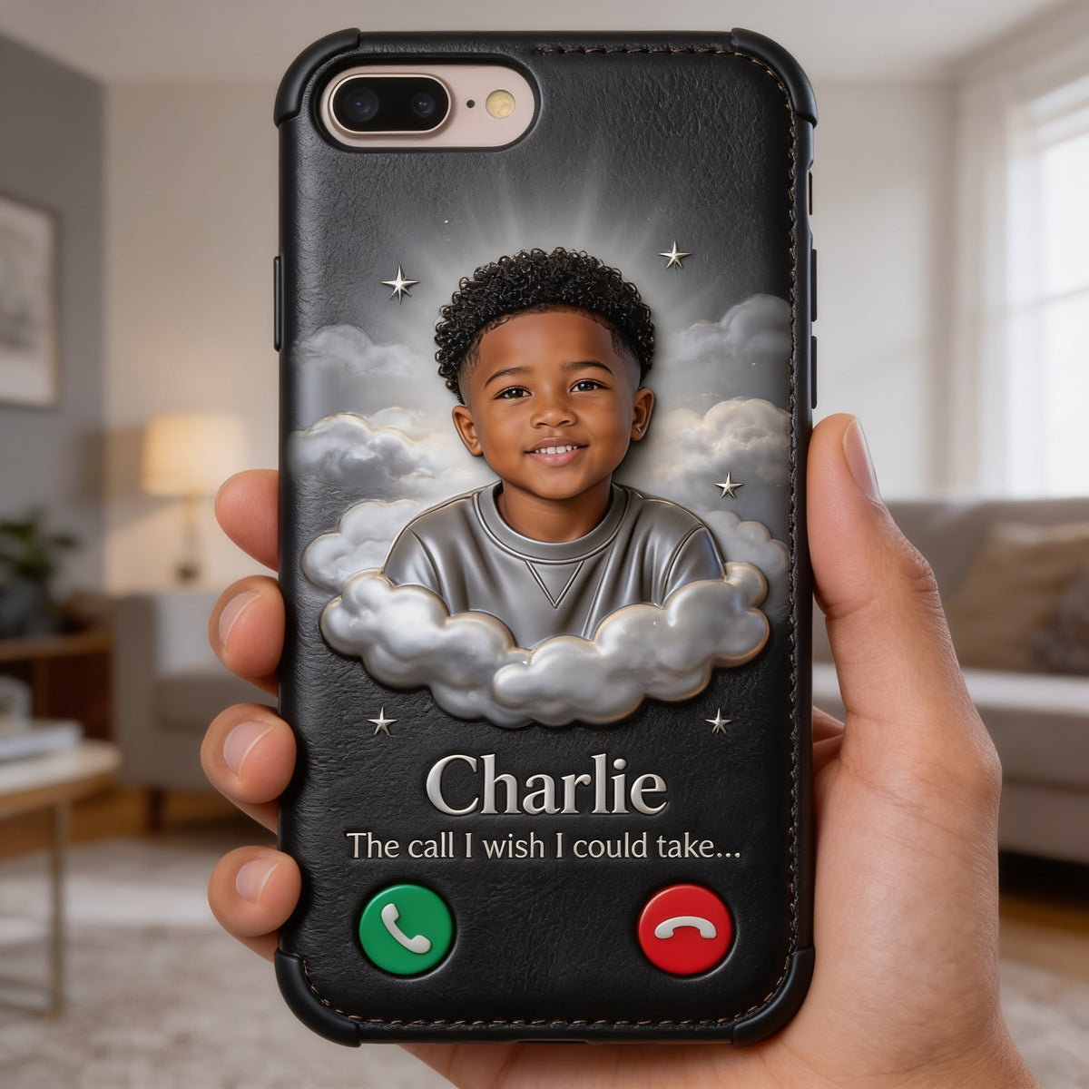Personalized Black Little Boy Memorial Leather Phone Case Remembrance Gift